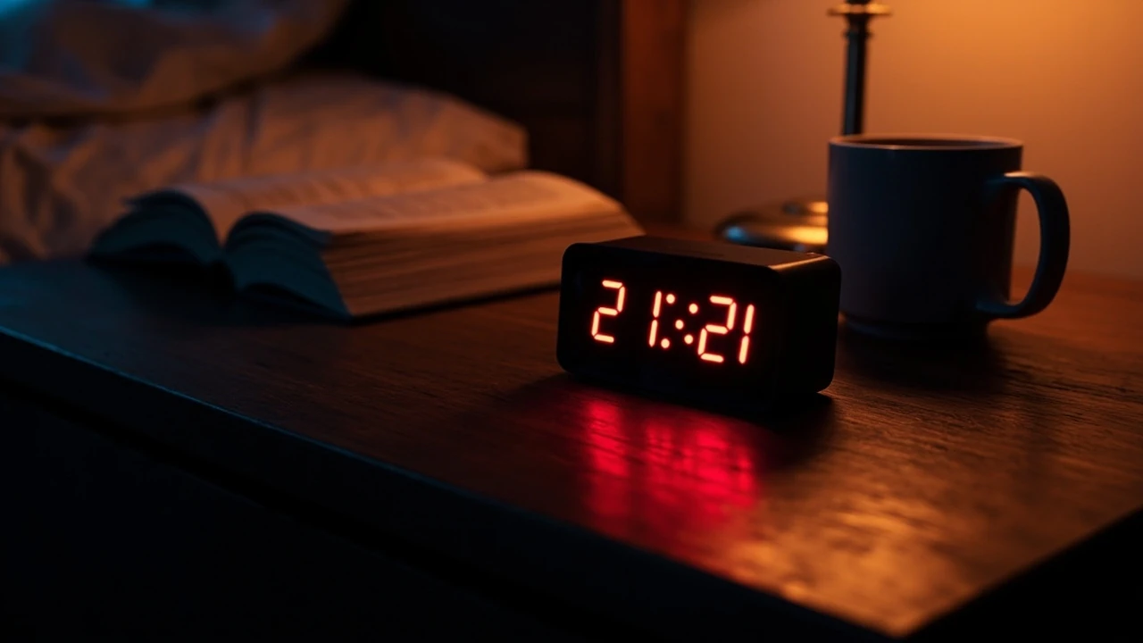 Zegar cyfrowy wskazujący godzinę 21:21 na tle ciemnego pokoju