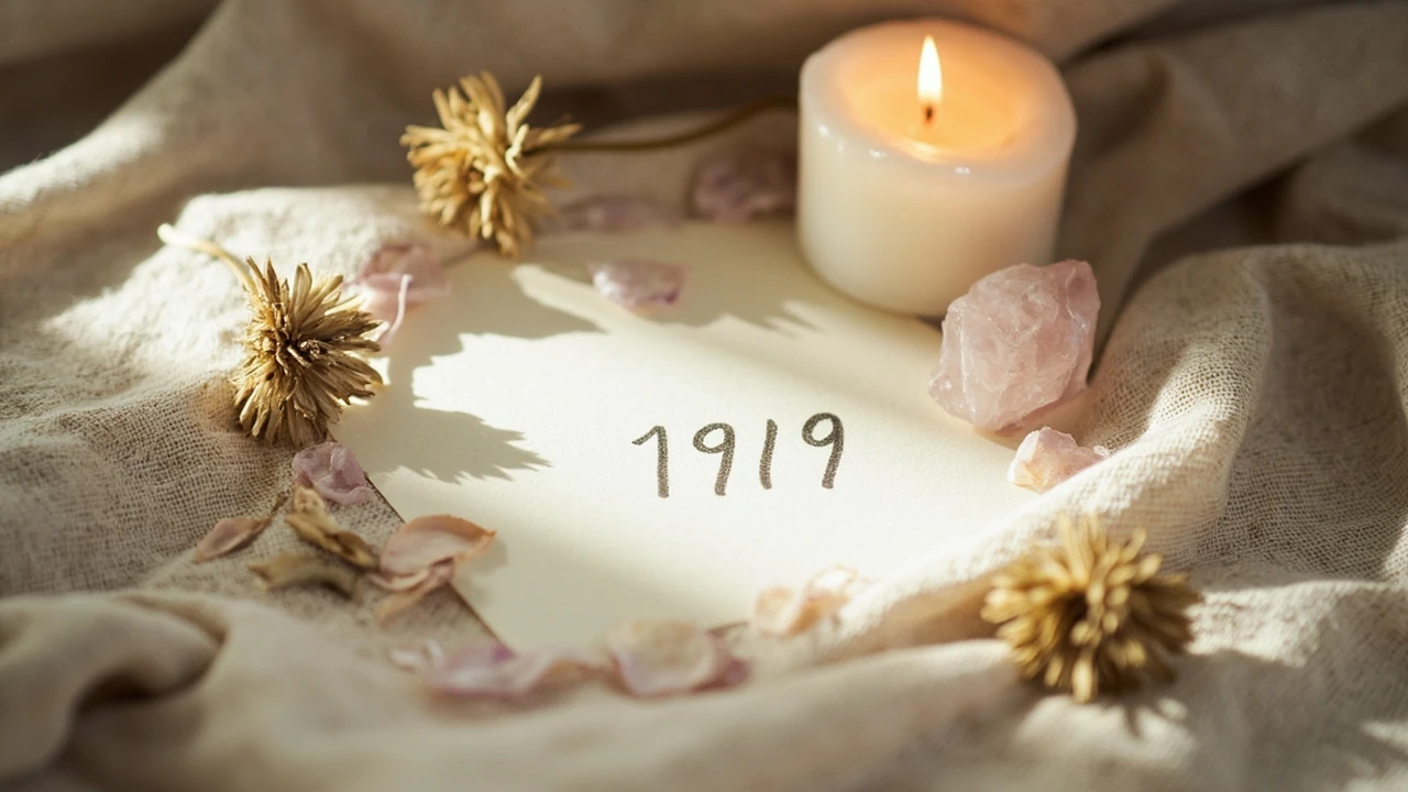 1919 znaczenie w miłości – zbliżenie na kartkę z liczbą 1919 w otoczeniu serc i świec