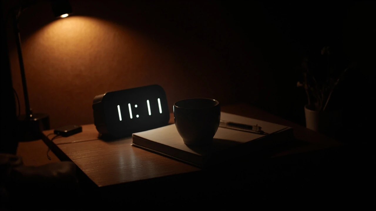 Cyfry 11:11 wyświetlone na ciemnym cyfrowym zegarze na drewnianym stoliku nocnym